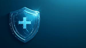 A glowing digital shield with a medical cross symbol on a blue background.