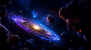 A vibrant spiral galaxy surrounded by asteroids and stars, showcasing the beauty of the universe. 

