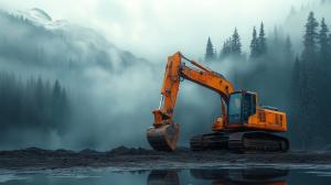 This image shows an orange excavator in a foggy mountain landscape, blending industrial and natural elements.

