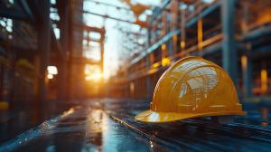 A yellow hard hat on a wet floor at a construction site, illuminated by sunset.

