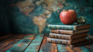 A stack of vintage books with an apple on top, set against a blurred world map background. 

