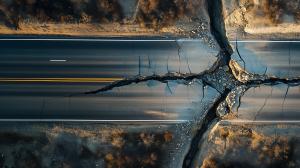 Aerial view of a cracked road, highlighting the effects of geological disruption. 

