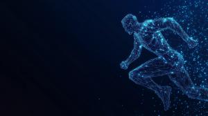 This image depicts a digital human figure in motion, created with blue lines and particles against a dark background.

