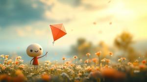 A joyful character with a kite in a colorful flower field under warm light.


