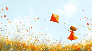 A joyful girl flying an orange kite in a colorful flower-filled field under a blue sky.

