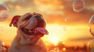 A happy bulldog enjoying a sunset with bubbles, radiating joy and warmth. 

