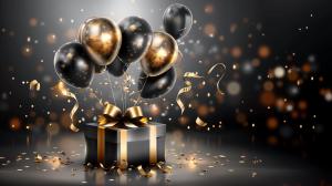 Festive black and gold balloons above a gift box with a sparkling background.