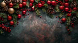 Festive Christmas background with red ornaments, pine cones, and greenery on a dark surface.