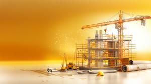 This image depicts a construction site with scaffolding, a crane, and tools against a golden background. 

