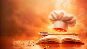 Chef&#039;s hat floating above an open cookbook with colorful sprinkles, evoking a magical cooking atmosphere. 

