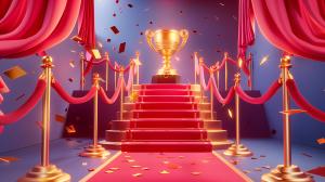A glamorous award scene with a trophy, red carpet, and confetti, perfect for celebration themes.

