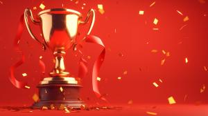 A golden trophy with confetti and ribbons on a red background, symbolizing celebration and achievement. 

