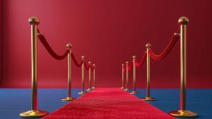 This image showcases a red carpet entrance with golden stanchions against a vibrant red background. 

