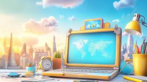A colorful laptop scene with study supplies and a city skyline backdrop, perfect for educational presentations.

