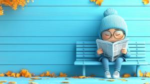 A whimsical animated child reading a newspaper on a blue bench surrounded by autumn leaves.

