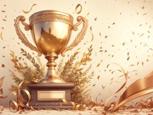 This image showcases a golden trophy surrounded by festive decorations, symbolizing achievement and celebration.


