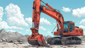 This image depicts a bright orange excavator in a rocky landscape under a blue sky with clouds. 

