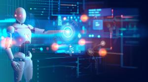 A futuristic robot interacting with a digital interface and holographic elements.

