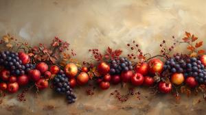 A vibrant arrangement of red apples and dark grapes with autumn leaves on a textured beige background. 

