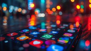 A close-up of a smartphone screen with social media icons, set against blurred city lights at night. 


