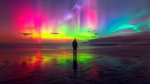 Stunning aurora borealis over a reflective beach with a silhouetted figure. 

