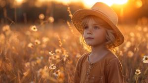 A child in a straw hat stands in a sunlit field of flowers, embodying innocence and wonder.

