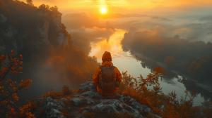 A stunning sunrise over a river valley with a person sitting on a rocky ledge, surrounded by mist and vibrant colors. 

