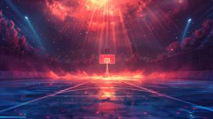 A vibrant basketball court illuminated by dramatic light beams and a fiery sky.

