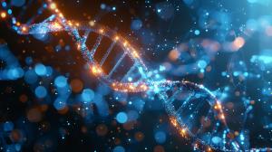 A vibrant DNA double helix illuminated with sparkling particles against a dark background.

