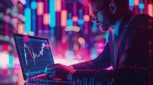 A professional analyzing financial data on a laptop with vibrant neon lights in the background. 

