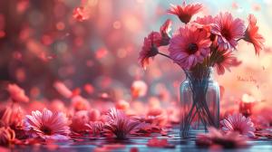 A serene bouquet of pink daisies in a glass vase, surrounded by petals on a soft, blurred background. 


