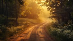 A tranquil dirt road through a sunlit forest, evoking peace and exploration. 

