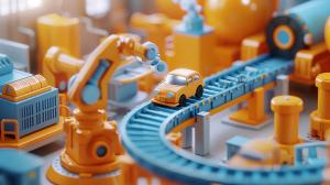 A colorful miniature factory scene with a yellow car on a conveyor belt among robotic arms and machinery. 

