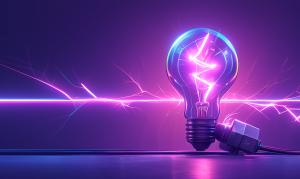 A glowing light bulb connected to a power cord, radiating vibrant energy against a purple background. 

