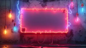 A vibrant neon-lit background with a blank sign and colorful hanging bulbs, perfect for creative presentations.

