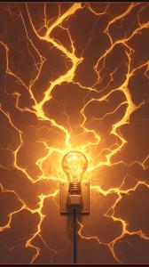 A glowing light bulb with vibrant energy patterns on a textured wall background. 

