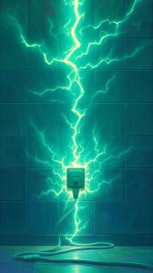 A vibrant electric outlet with glowing energy arcs on a teal tiled wall. 

