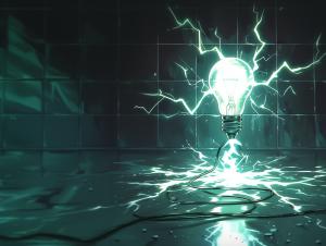 This image depicts a glowing light bulb surrounded by electric arcs in a dark, reflective environment. 

