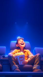 A joyful boy in a cinema seat, enjoying popcorn under vibrant blue lighting. 

