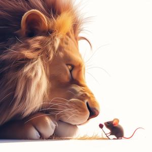 A lion and a mouse share a tender moment, highlighting themes of friendship and courage.

