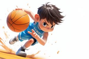 An animated boy dribbling a basketball, showcasing determination and energy in a dynamic pose. 

