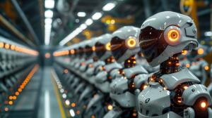 A futuristic assembly line filled with humanoid robots featuring glowing accents in a high-tech factory setting. 

