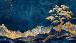 A serene blue and gold artistic background featuring a tree and abstract waves. 

