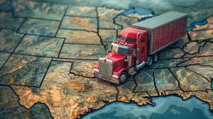 A red truck on a detailed U.S. map, symbolizing transportation and logistics. 

