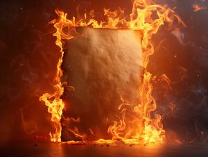 This image shows a piece of paper on fire, surrounded by vibrant flames and smoke.

