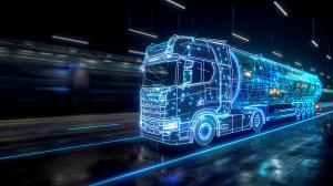 A futuristic, glowing truck design emphasizing technology and speed against a dark, dynamic background.

