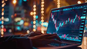 A close-up of hands on a laptop displaying financial charts with a blurred city background. 

