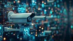 This image depicts modern security cameras against a high-tech digital backdrop.

