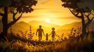 A family silhouette against a warm sunset, symbolizing togetherness and nature. 

