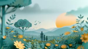 A whimsical paper-cut landscape featuring a parent and child in a vibrant flower field at sunset. 

